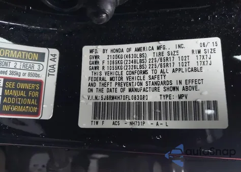 2015 Honda Cr-V Ex-L z USA, uszkodzony, nr VIN 5J6RM4H70FL083080